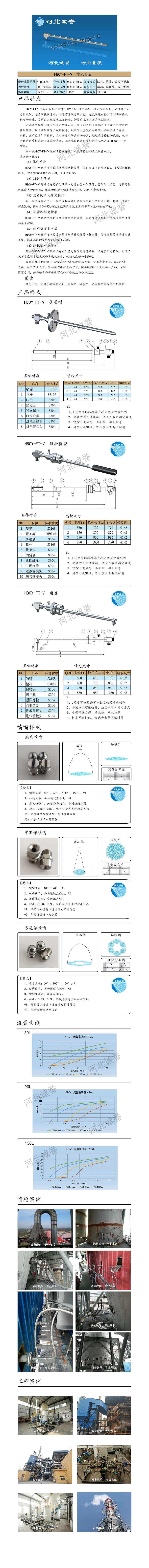 FT-V脫硝噴槍、保護套、噴槍參數(shù)、材質(zhì)尺寸、流量分布圖、扇形空心錐俯視圖介紹，以及噴槍霧化視頻展示和工程案例介紹