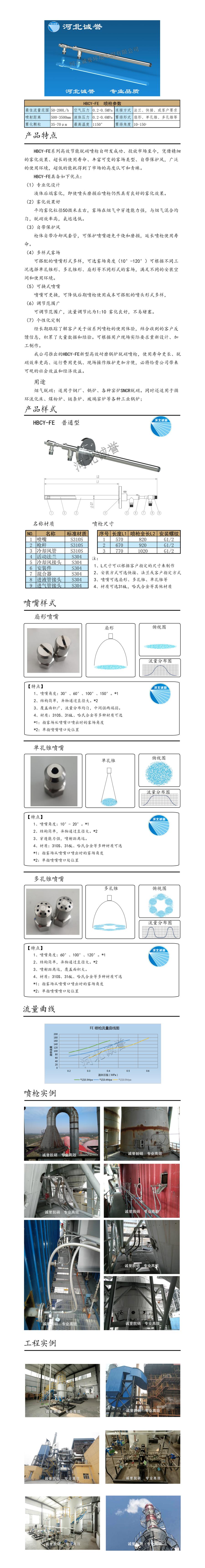 電廠脫硝噴槍保護(hù)套、噴槍參數(shù)、材質(zhì)尺寸、流量分布圖、扇形空心錐俯視圖介紹，以及噴槍霧化視頻展示和工程案例介紹